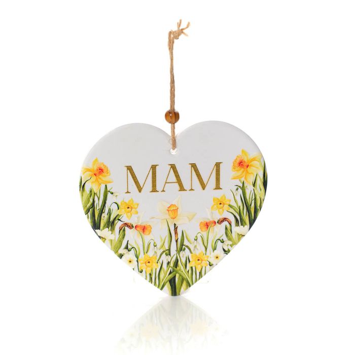 Welsh Daffodil Ceramic 3D Raised Detail With Gold Mam Heart Hanger