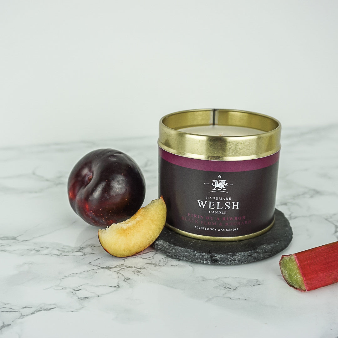 Cannwyll Tun Eirin Du a Rhubarb