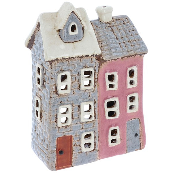 Village Pottery Tiled Two Houses Pink/Grey Tealight