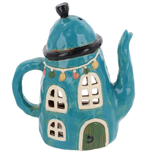 Village Pottery Teapot House Blue Tealight