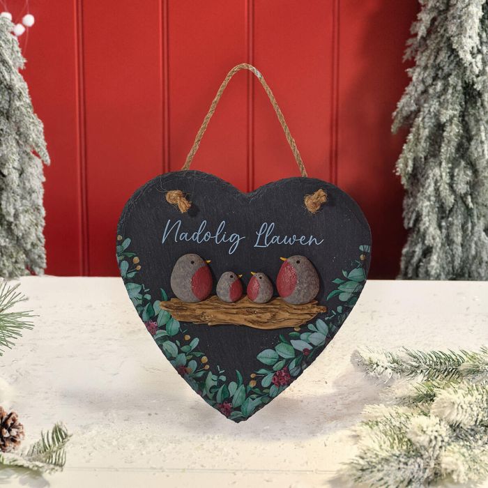Nadolig Llawen Christmas Robin Pebble Slate heart