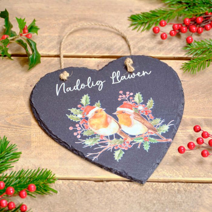 Nadolig Llawen Robin with Berries Slate Heart