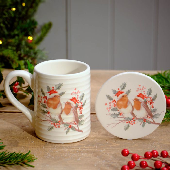 Festive Robin Ceramic Mug and Coaster Set Boxed