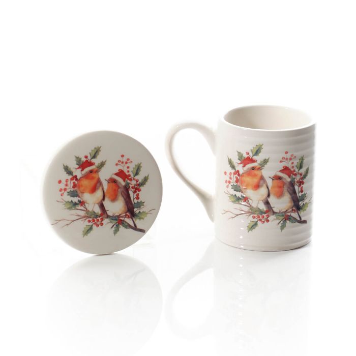 Festive Robin Ceramic Mug and Coaster Set Boxed