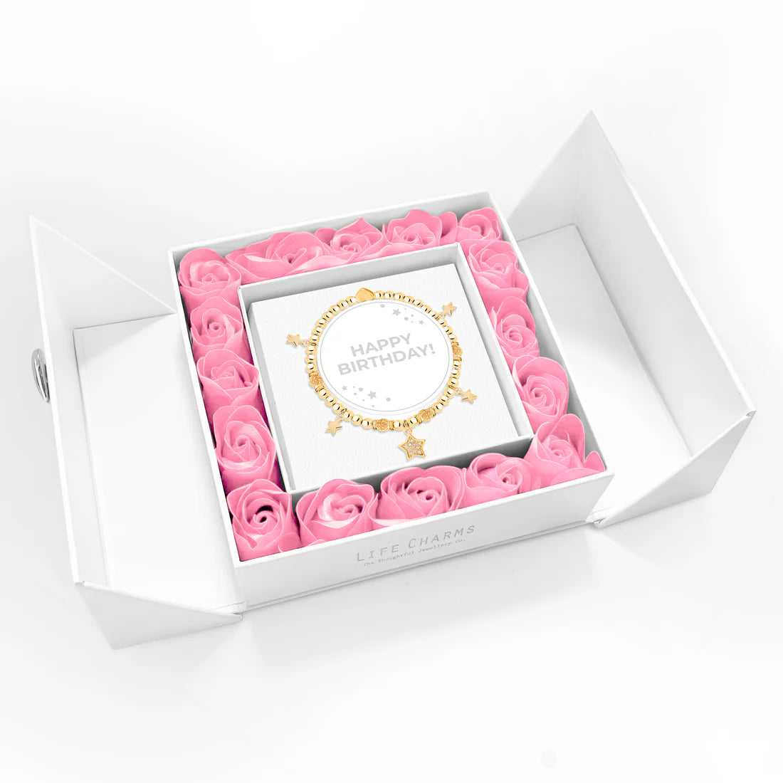 Life Charms Happy Birthday - Sparkling Golden Hearts Charm Bracelet Floral Boxed Gift Set