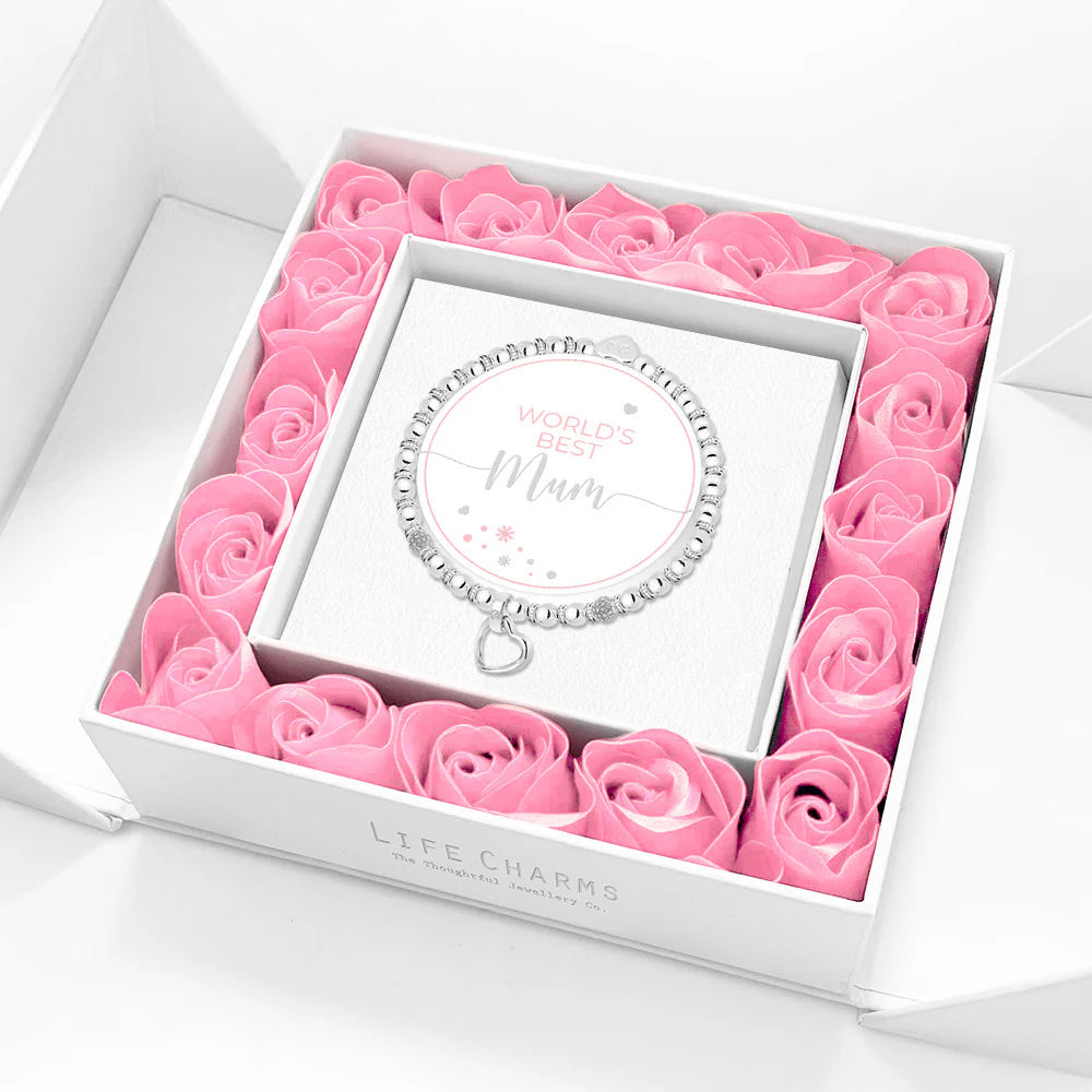 Life Charms World's Best Mum - Open Heart Charm Bracelet Floral Boxed Gift Set